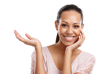 Image showing Hand, mockup space and portrait of black woman advertising product placement for future motivation. Smile of female with empty palm for promotion, discount or deal offer isolated on white background