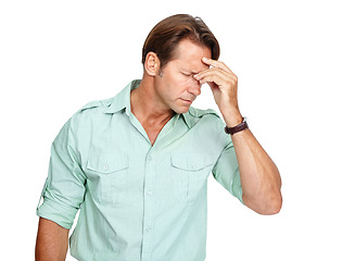 Image showing Stress, depression and tired headache of worker overwhelmed thinking of career problem, mistake or fail. Depressed, sad and exhausted businessman unhappy and overworked at isolated white background.