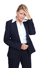 Image showing Mental health, stress or sad business woman with anxiety problem, work burnout headache and depressed over job mistake. Career fail, studio depression crisis or corporate employee on white background