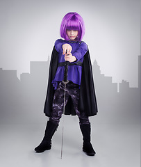 Image showing Portrait, girl or hero costume, fantasy or cosplay character isolated on white studio background. Young person, female child or dress up outfit for superhero, fighter or sword on city shadow backdrop