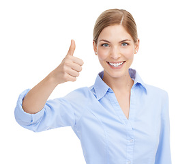 Image showing Thumbs up, hand sign portrait of a woman happy about winning, deal and thank you for support or approval. Face of female with emoji for yes, sale or discount with smile isolated on white background