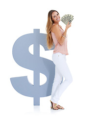 Image showing Money, dollars and woman in portrait with cash for savings mockup with banking against white background. Financial happy woman with bonus and winning lotto with profit for wealth and investment