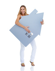 Image showing Woman, happy portrait and house cutout for real estate, property investment and house vision in studio. Realtor winner, home loan approval and and property management agreement in white background