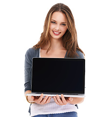 Image showing Portrait, mockup or woman with laptop, connection or female isolated on white studio background. Lady, consultant or employee with computer, smile or digital marketing and online research for startup