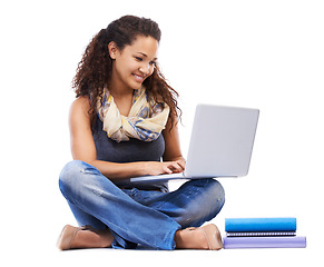 Image showing Student, reading and typing notes on laptop, studying with books or planning university education, knowledge and internet research. Young black woman, web lecture and college notes on tech device