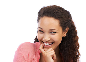 Image showing Excited girl and biting finger portrait with happy, aha and cheerful smile for brainstorming. Happiness of black woman with ideas, confidence and optimistic mindset in white studio background