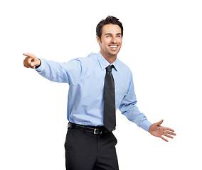 Image showing Pointing, marketing and advertising with a business man in studio on a white background with mockup. Space, product placement and success with a male employee working to promote a corporate product