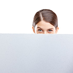 Image showing Woman, marketing with mockup and poster in studio, product placement with black sign isolated on white background. Advertising portrait, board and space, female eyes and vision, branding or promotion