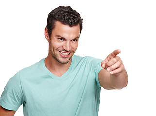 Image showing Man, face and happy vision pointing finger for advertising, marketing mockup and product suggestion in white background. Handsome person, confident smile and point hands or laugh isolated in studio