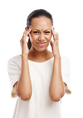 Image showing Portrait, black woman and headache with stress, pain and girl isolated on white studio background. African American female, lady and depression with burnout, overworked or anxiety with hands on head