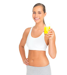 Image showing Woman, studio portrait and orange juice for health, diet and wellness by white background with smile. Isolated model, healthy drink and glass for nutrition, vitamin c or natural detox for strong body