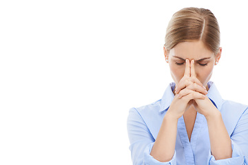 Image showing Business woman, stress and anxiety with headache on mockup against a white studio background. Isolated female employee suffering from depression, thinking or frustrated with hands on head