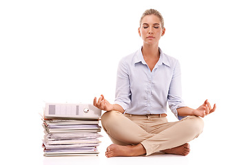 Image showing Yoga, documents and business woman meditation for work stress relief, mental health peace or chakra energy healing. Paperwork pile, relax zen mindset and mindfulness girl meditate on white background