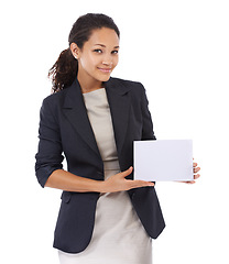 Image showing Mockup, portrait and black woman with poster for marketing campaign or lady isolated on white studio background. African American female ceo, boss or entrepreneur with business sign, brand or placard