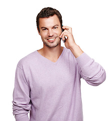 Image showing Mobile, phone call and portrait of a man with smile contact online talking on technology. Isolated, happiness and conversation of a person on a mobile phone speaking with mock up and white background