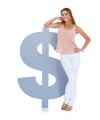 Image showing Woman, dollar sign and studio portrait for saving, money goals or investment for future by white background. Financial dream, planning or vision with isolated model with smile for strategy in economy