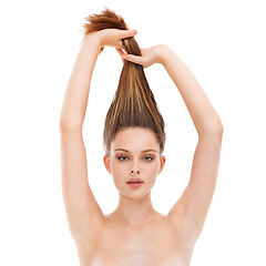 Image showing Beauty, hair and portrait of a woman with cosmetics, hairdresser and shampoo product results. Female model on white background for keratin treatment and salon shine and growth advertising in studio