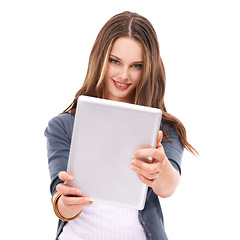 Image showing Woman with tablet, smile in portrait with technology, internet and communication mockup on white background. Tech, web and young female with wireless digital device and marketing, wifi and network