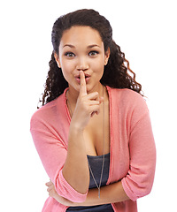 Image showing Black woman, secret and quiet finger portrait for privacy communication, whisper and silent hands gesture. African girl, hand on lips and hush symbol, emoji or casual confidential sign in studio