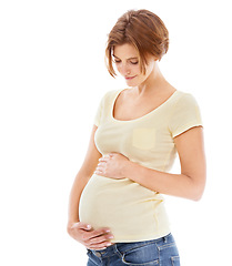 Image showing Woman, pregnant and studio with hands on stomach with smile, thinking and love by white background. Pregnant woman, future mother and belly with care, vision and wellness while isolated in pregnancy