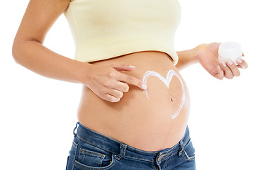 Image showing Pregnant woman, abdomen and cream with heart, white background and body cosmetics. Skincare, pregnancy stomach and lotion for stretch marks, aesthetic wellness and healthy maternity for studio beauty