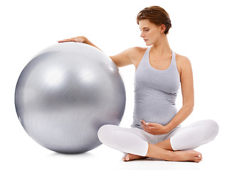 Image showing Pregnant, woman and fitness ball with white background for exercise, pilates and wellness. Pregnancy, medicine ball and mother workout on studio background for healthy body, yoga training and energy