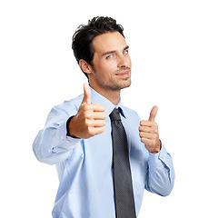 Image showing Businessman portrait, hands or thumbs up on studio background in finance deal, company growth or investment success. Corporate worker, employee or hand gesture in yes mockup, thank you or winner vote