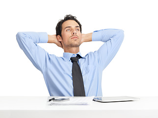 Image showing Businessman, tablet and relax thinking at desk in studio for lunch break, daydream and planning web strategy or finance analysis. Man, relax and vision for fintech startup or digital sales growth