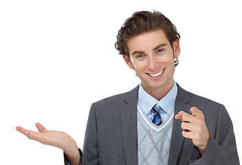 Image showing Face, pointing and business man with mockup, product placement or advertising space. Portrait, branding and happy male entrepreneur, worker or employee showing copy space for marketing promotion.