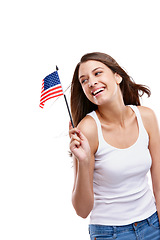 Image showing Flag, usa and mockup with a model woman in studio isolated on a white background for her nation. American flag, marketing and advertising with an attractive young female posing for citizenship