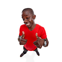 Image showing Thumbs up, black man and smile of a person showing yes, thank you and agreement hand sign. Isolated, white background and looking up model standing with winner and success hands gesture with mockup