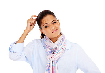 Image showing Confused, thinking and portrait of a woman in a studio with a question, idea or thought. Puzzled, wondering and female model from Mexico scratching her head while isolated by a white background.