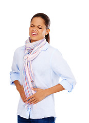 Image showing Colon, digestion or constipation and a model black woman in studio isolated on a white background with stomach pain. Menstruation, stomach ache and period with a hurt young female on blank space