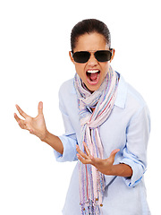 Image showing Angry, frustrated and anxiety of a woman with sunglasses in in studio to scream for stress and depression. Mental health of female isolated white background for anger, psychology and crazy portrait