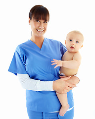 Image showing Portrait, nurse and woman with baby in studio isolated on a white background. Face, healthcare and happy medical worker, physician and female pediatrician holding child, kid or toddler at hospital.