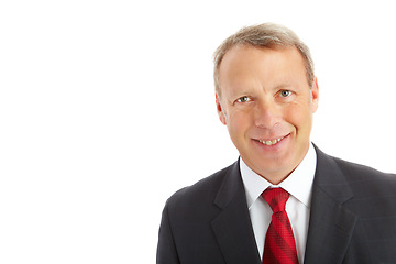 Image showing Face, portrait and business man in studio isolated on a white background mockup. Boss, ceo and smile of mature, happy and proud male entrepreneur from Canada with vision, mission and success mindset.