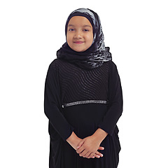 Image showing Islamic fashion, young girl and smile standing in white background for culture happiness, religion awareness or empowerment. Muslim child, happy and religious clothes or hijab isolated in studio