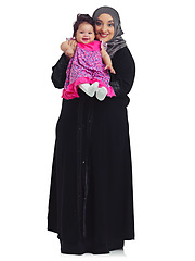 Image showing Islam, body portrait of mother and baby, proud mama happy in hijab and isolated on white background. Love, family and growth, muslim woman with toddler daughter and Islamic culture in studio in Egypt