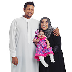 Image showing Muslim portrait, happy family and parents with a baby for Islam religion love, peace and arab culture. Smile of islamic woman, man and child together for eid or ramadan isolated on a white background