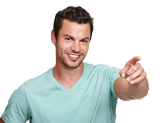 Image showing Handsome man, smile portrait and pointing finger for advertising, marketing mockup and product suggestion in white background. Person, confident and point hands or calm happiness isolated in studio