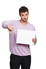 Image showing Man, thumbs down hand sign and portrait of model show marketing and advertising poster. White background, isolated and sales board poster for no branding message on a mockup billboard on paper