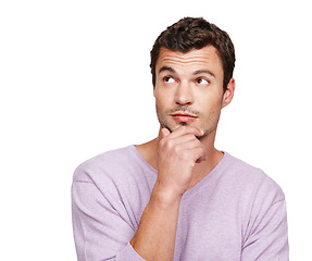 Image showing Man, thinking and face with idea at mockup space for advertising, motivation and inspiration in studio. Male model isolated on a white background to think product placement ideas with hand on chin