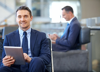 Image showing Corporate, portrait or travel businessman with tablet for invest strategy, finance growth or financial review. Airport, smile or manager for networking, tax data analysis or economy data research