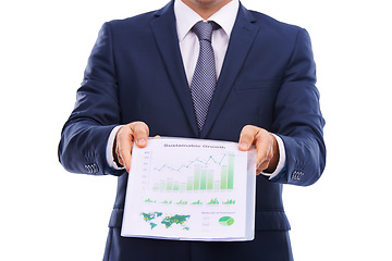 Image showing Business man show document graph in studio mockup on sustainable growth, data analytics or finance stats. Portfolio or paper of profit, revenue and green, corporate chart isolated on white background