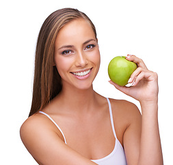 Image showing Apple, wellness and portrait of woman on a white background for healthy lifestyle, cosmetics and wellbeing. Diet, healthcare and face of girl with fruit for organic products, vitamins and nutrition