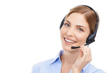 Image showing Face portrait, customer service and woman at call center in studio on white background mock up. Crm, contact us and smile of happy female telemarketing worker, consultant or sales agent from Canada.