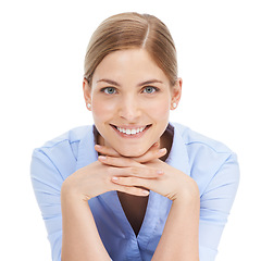 Image showing Portrait, face and business woman in studio isolated on white background. Ceo, boss and smile of happy, confident and proud female entrepreneur from Canada with vision, mission and success mindset.