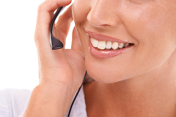 Image showing Customer support communication, mouth and woman consulting on contact us CRM, telemarketing or call center. Telecom microphone, customer service or happy consultant talking on white background studio