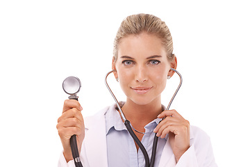 Image showing Face, healthcare doctor and woman with stethoscope in studio on a white background. Portrait, cardiology and female medical cardiologist from Canada holding equipment for heart health and wellness.