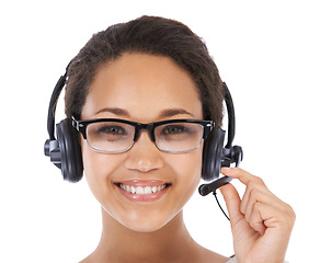 Image showing Woman, studio headshot and call center with smile, communication and white background. Isolated crm expert, telemarketing headphones and black woman with customer support, contact us and motivation